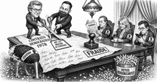 Viñeta satírica en estilo grabado: Feijóo y Abascal recortan con tijeras el artículo 113 de un contrato llamado Constitución de 1978, sellado como fraude, mientras delegados de la izquierda toman café sin mirar y un avestruz esconde la cabeza entre los recortes