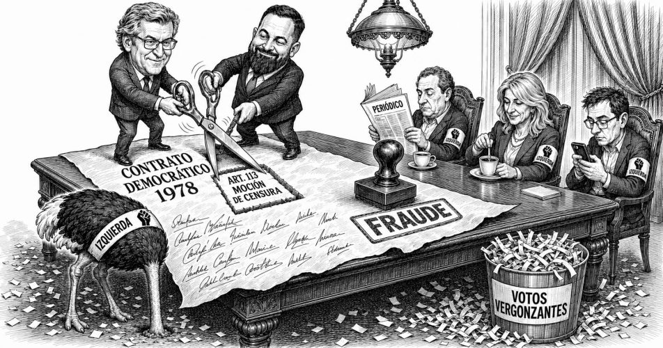 Viñeta satírica en estilo grabado: Feijóo y Abascal recortan con tijeras el artículo 113 de un contrato llamado Constitución de 1978, sellado como fraude, mientras delegados de la izquierda toman café sin mirar y un avestruz esconde la cabeza entre los recortes